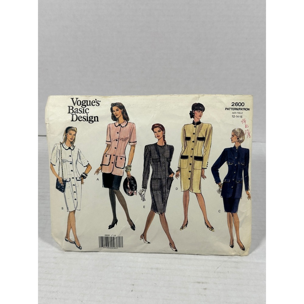 Vogue 2600 SewingPattern MissesPetite Dress Top Skirt Size 12-14-16 Vintage 1990